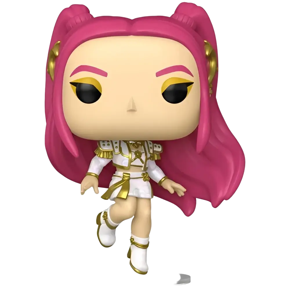 Funko pop kpop demon hunters mira figure with pink hair white and gold outfit on clear plastic base