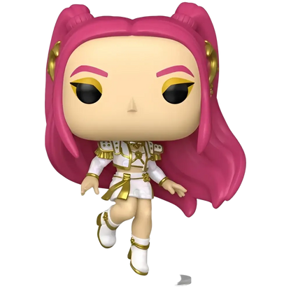 Funko pop kpop demon hunters mira figure with pink hair white and gold outfit on clear plastic base