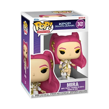 Funko pop kpop demon hunters mira vinyl figure with pink hair and gold white armor details from demon hunters series