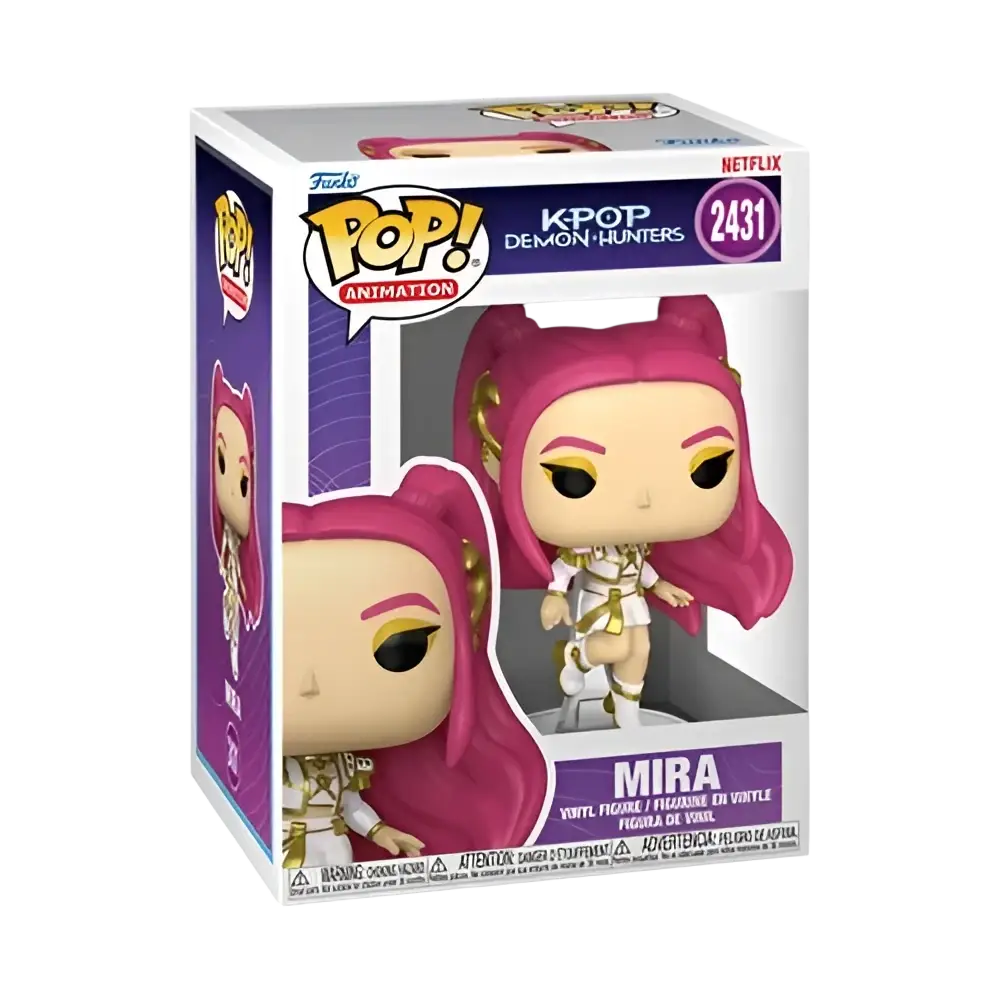 Funko pop kpop demon hunters mira vinyl figure with pink hair and gold white armor details from demon hunters series