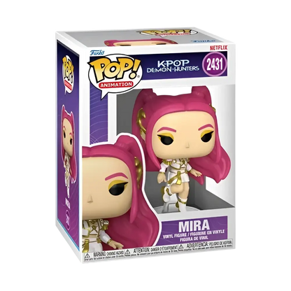 Funko pop kpop demon hunters mira vinyl figure with pink hair and gold white armor details from demon hunters series