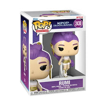 Funko pop kpop demon hunters rumi vinyl figure with purple hair white outfit gold accents and chain earrings