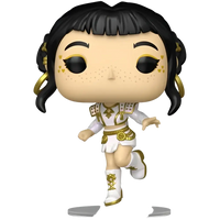 Funko pop kpop demon hunters vinyl figure of zoey with black pigtails wearing white and gold outfit with intricate designs