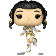 Funko pop kpop demon hunters vinyl figure of zoey with black pigtails wearing white and gold outfit with intricate designs