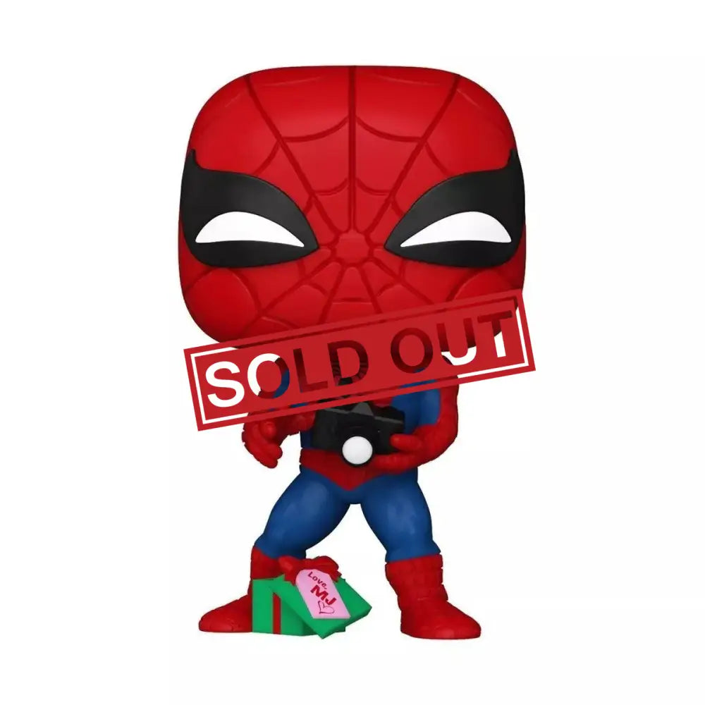 Spiderman Funko Pop figure with camera and gift.