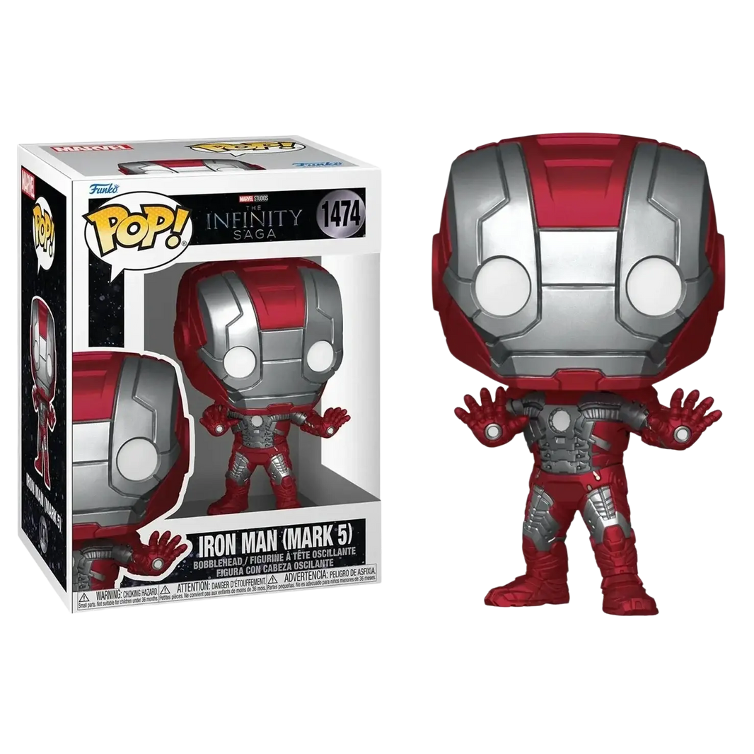 Red and silver iron man (mark 5) funko pop! Vinyl figure with a glossy finish.