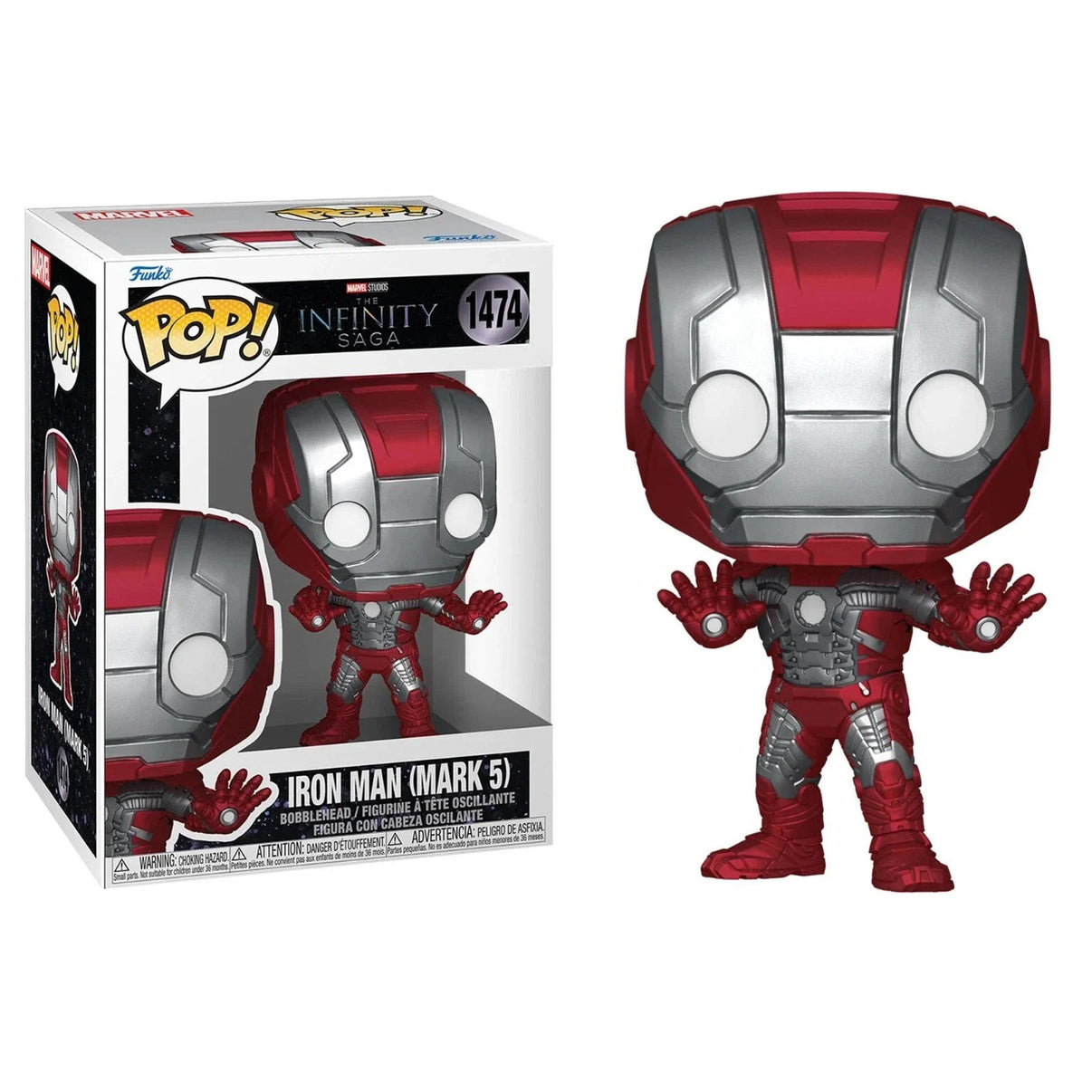 Red and silver iron man (mark 5) funko pop! Vinyl figure with a glossy finish.
