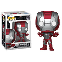 Red and silver iron man (mark 5) funko pop! Vinyl figure with a glossy finish.