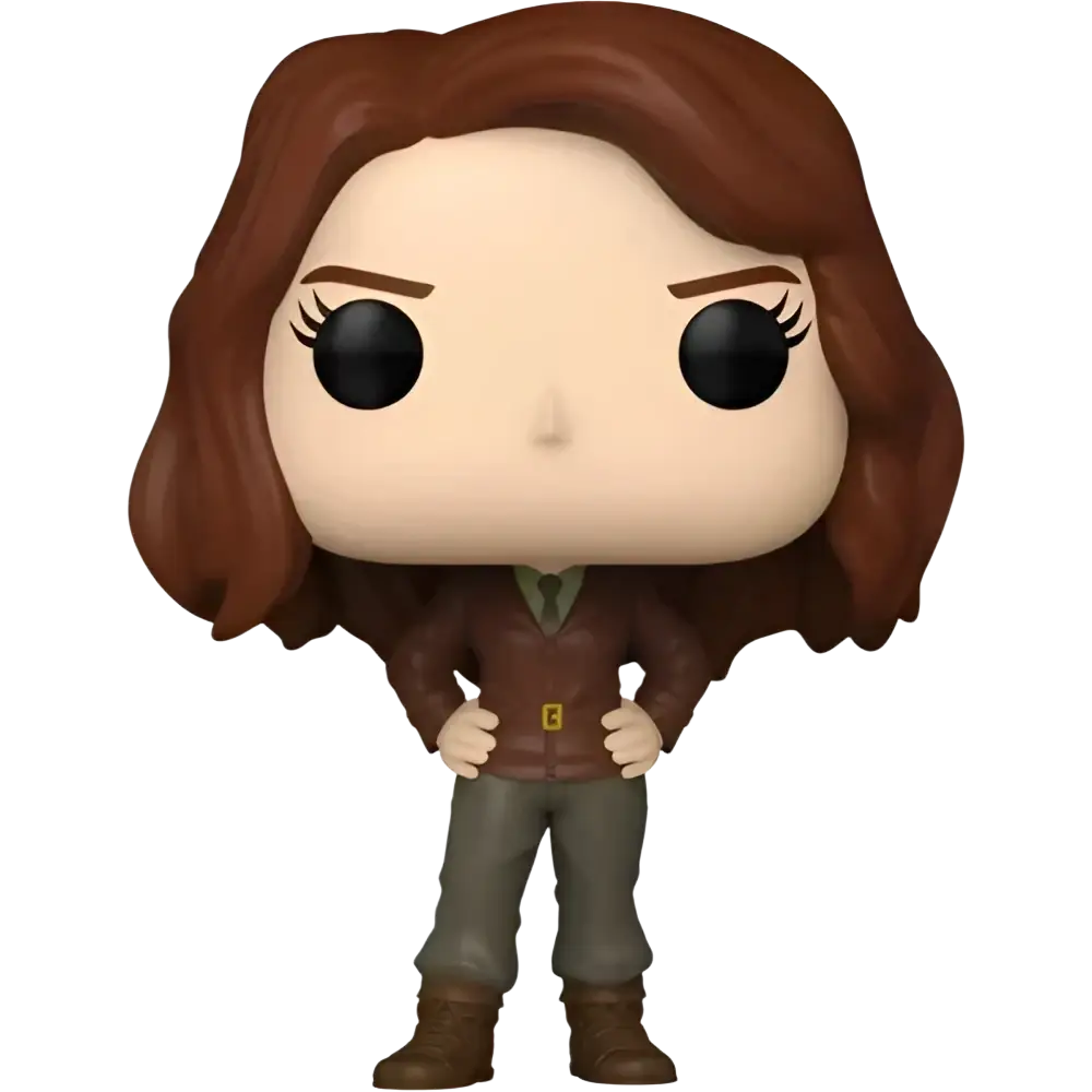 Brown-haired female character figurine in a brown jacket and green pants, styled with pop! Vinyl design.