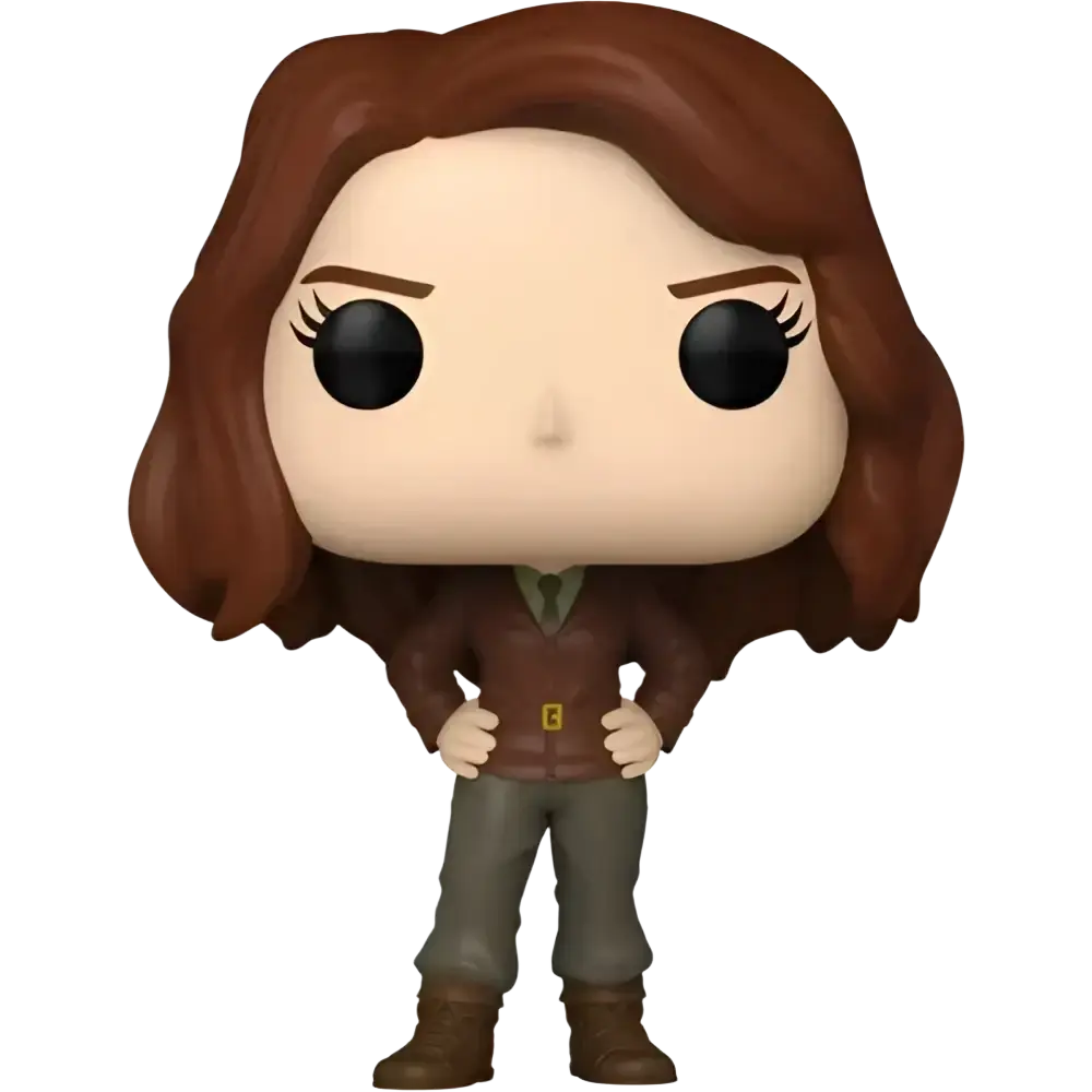 Brown-haired female character figurine in a brown jacket and green pants, styled with pop! Vinyl design.