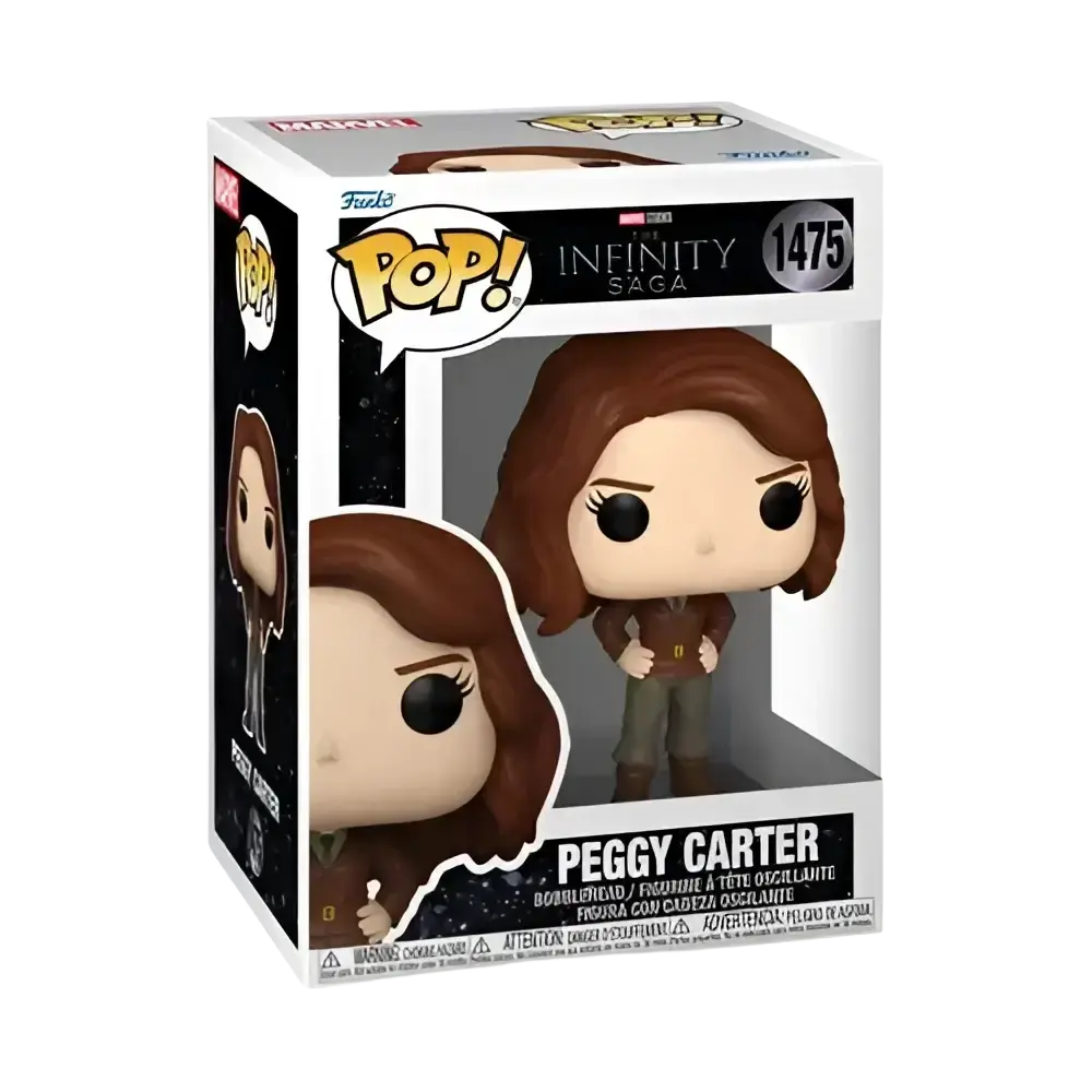 Peggy carter funko pop! Vinyl figure with brown hair, black eyes, and a detailed outfit in the infinity saga series.