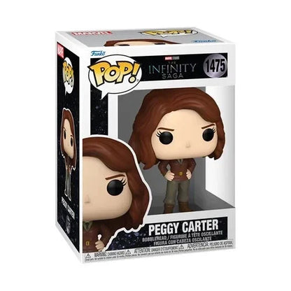 Peggy carter funko pop! Vinyl figure with brown hair, black eyes, and a detailed outfit in the infinity saga series.