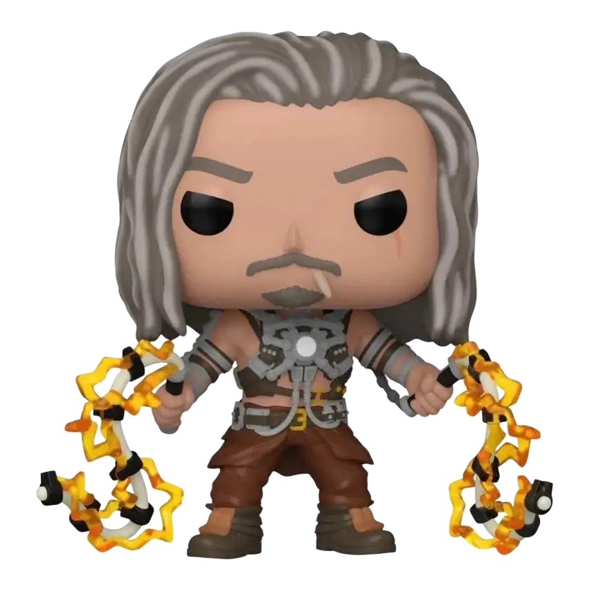 Gray-haired, bearded funko pop! Figure of a character in brown pants and armor holding glowing yellow chains.