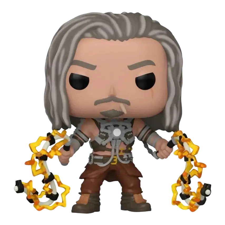 Gray-haired, bearded funko pop! Figure of a character in brown pants and armor holding glowing yellow chains.