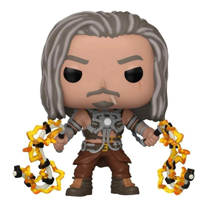 Gray-haired, bearded funko pop! Figure of a character in brown pants and armor holding glowing yellow chains.