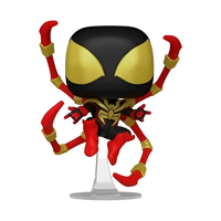 Funko Pop Marvel miles morales iron spider vinyl figure in red and gold iron spider suit with black mask on clear stand