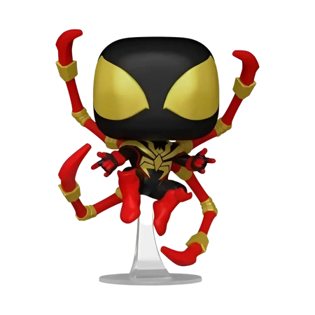 Funko Pop Marvel miles morales iron spider vinyl figure in red and gold iron spider suit with black mask on clear stand