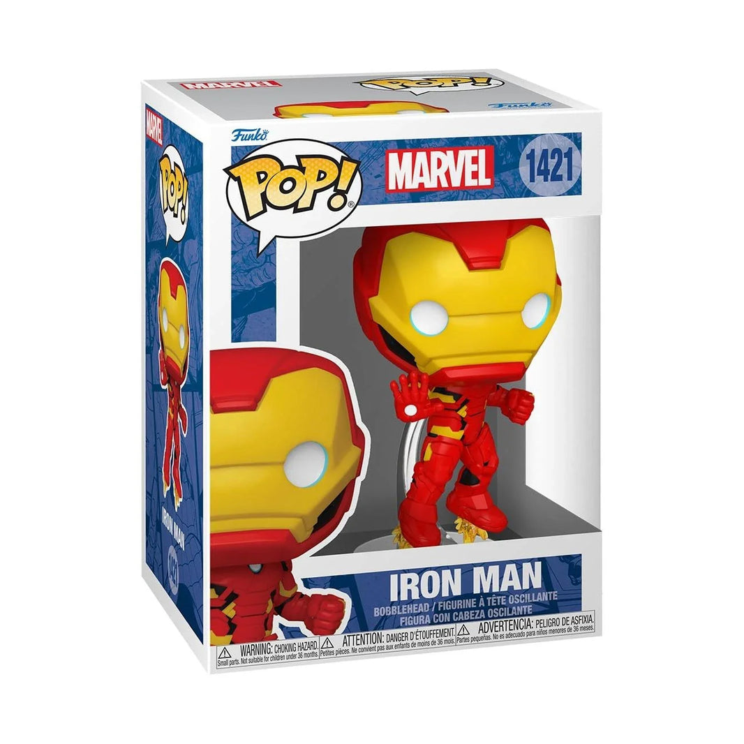 Red and gold iron man funko pop! Vinyl figure in its original packaging.