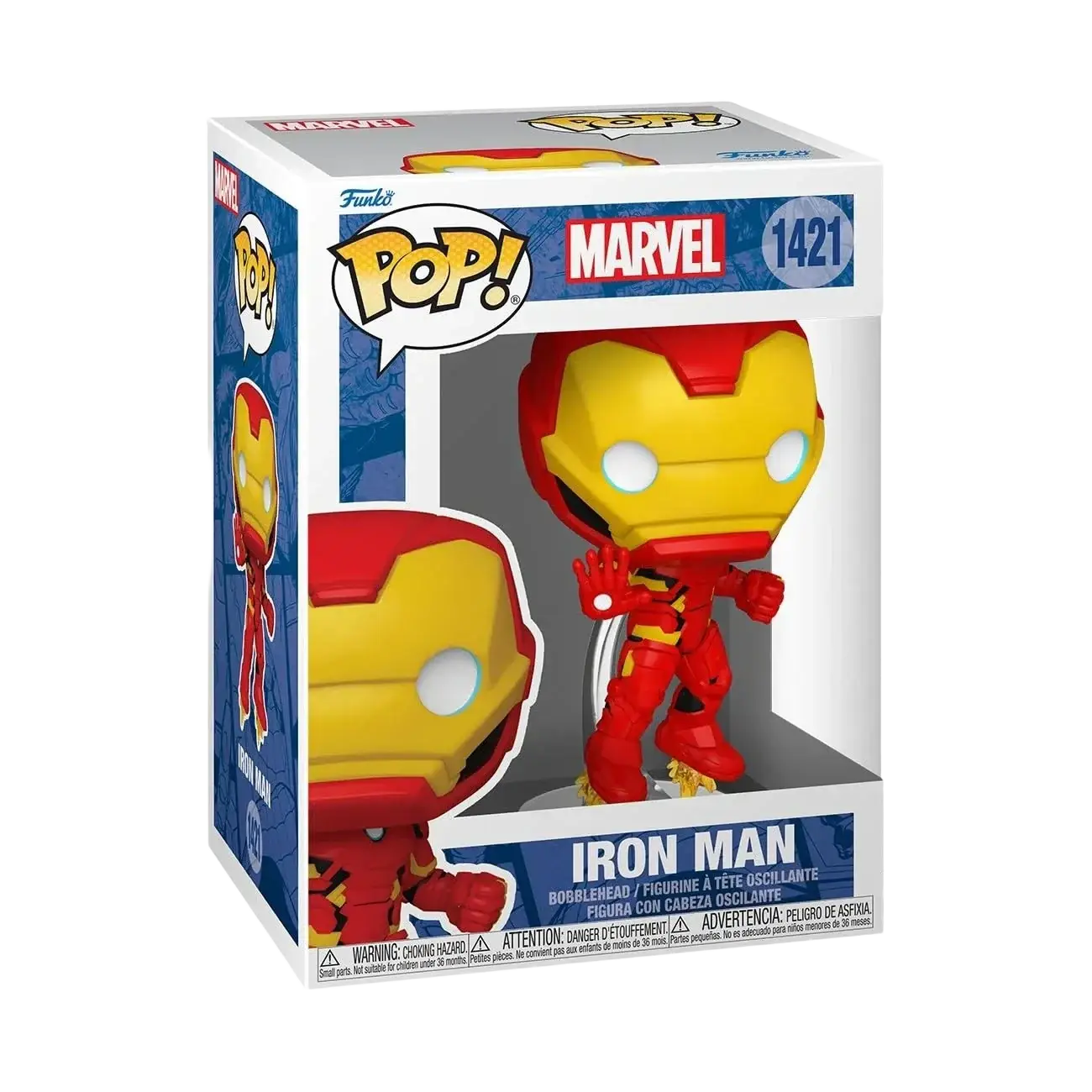 Red and gold iron man funko pop! Vinyl figure in its original packaging.