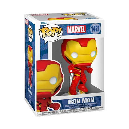 Red and gold iron man funko pop! Vinyl figure in its original packaging.