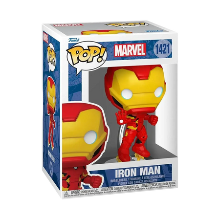 Red and gold iron man funko pop! Vinyl figure in its original packaging.