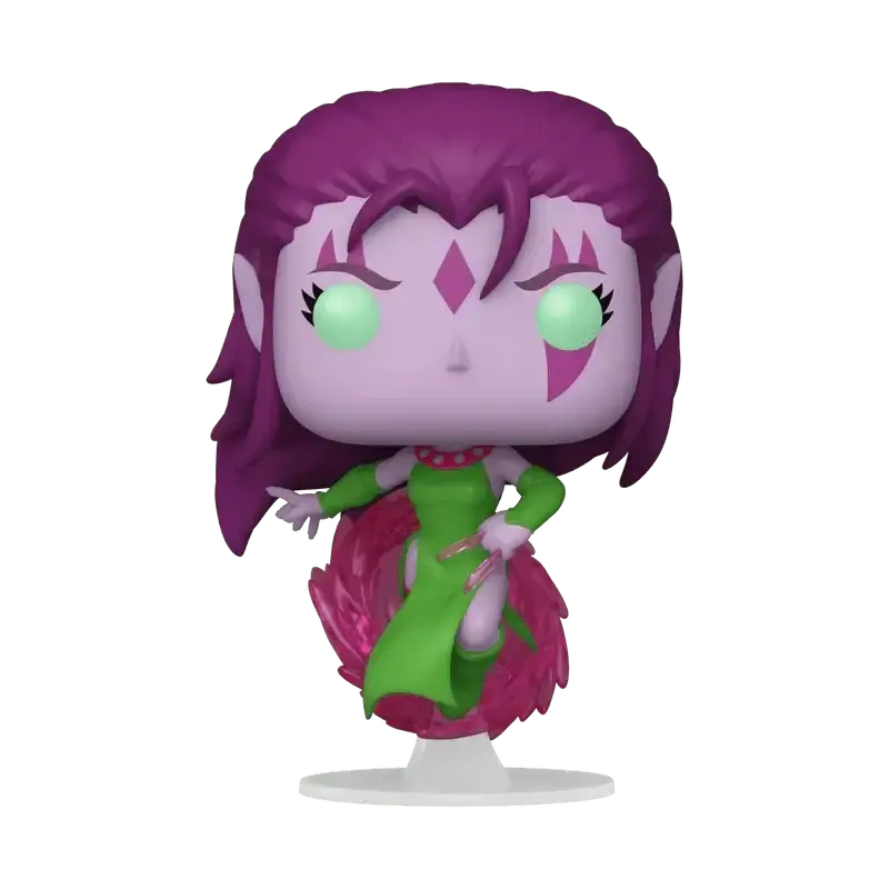 Purple-haired, green-eyed funko pop! Figure with pink diamond markings on her face and a vibrant green dress accented by a flowing magenta skirt.
