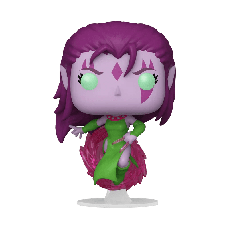 Purple-haired, green-eyed funko pop! Figure with pink diamond markings on her face and a vibrant green dress accented by a flowing magenta skirt.
