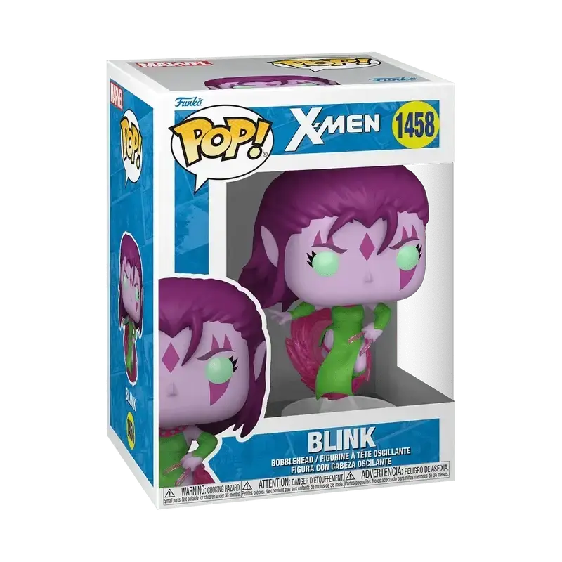 Purple-haired blink funko pop! Figure with green eyes and a green outfit, packaged in her official box.