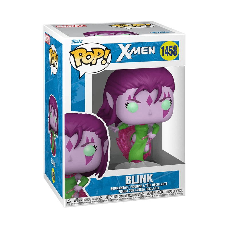 Purple-haired blink funko pop! Figure with green eyes and a green outfit, packaged in her official box.