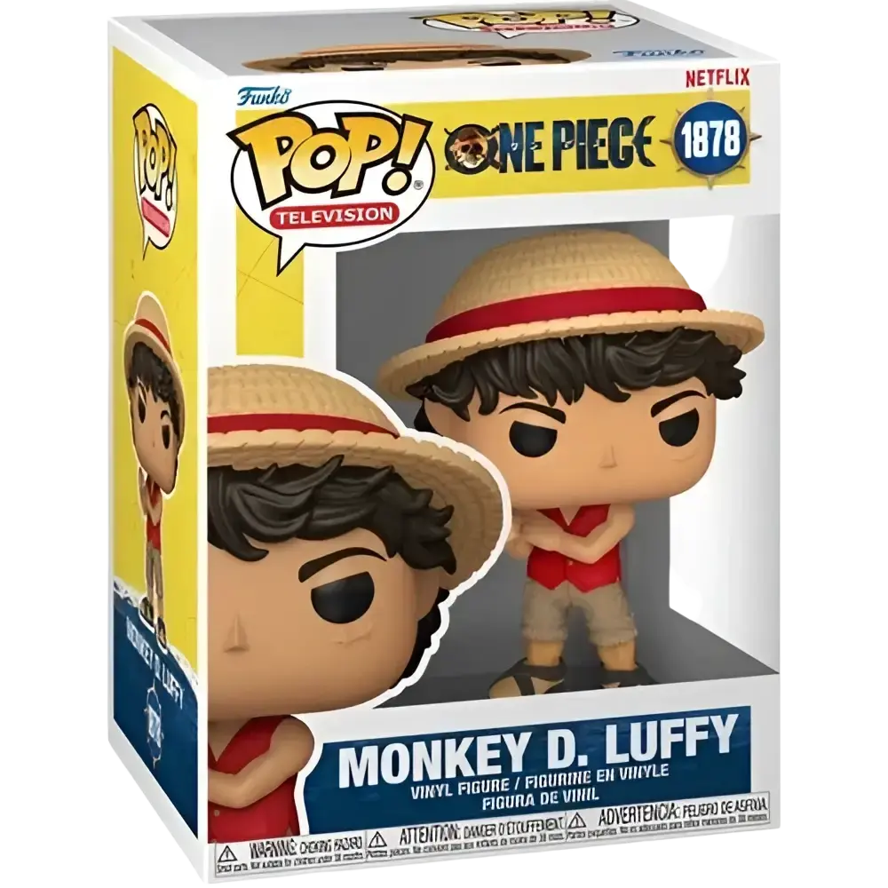 Yellow and white funko pop vinyl figure of monkey d luffy with straw hat from netflix one piece live action #1878