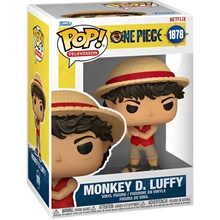 Yellow and white funko pop vinyl figure of monkey d luffy with straw hat from netflix one piece live action #1878