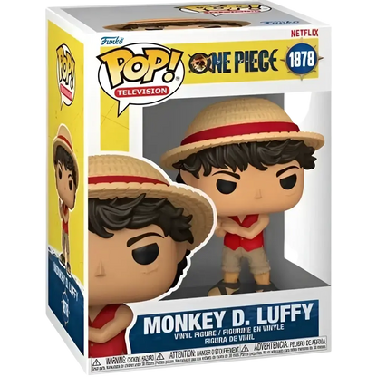 Yellow and white funko pop vinyl figure of monkey d luffy with straw hat from netflix one piece live action #1878