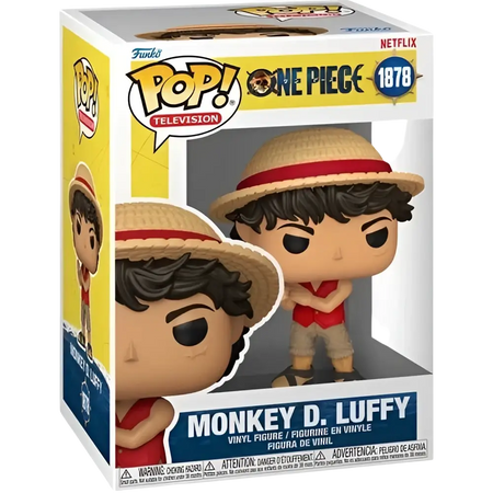 Yellow and white funko pop vinyl figure of monkey d luffy with straw hat from netflix one piece live action #1878