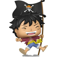 Funko pop one piece monkey d luffy figurine with black hair red jacket and straw hat holding pirate flag for piece live action