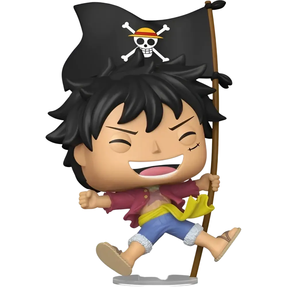 Funko pop one piece monkey d luffy figurine with black hair red jacket and straw hat holding pirate flag for piece live action