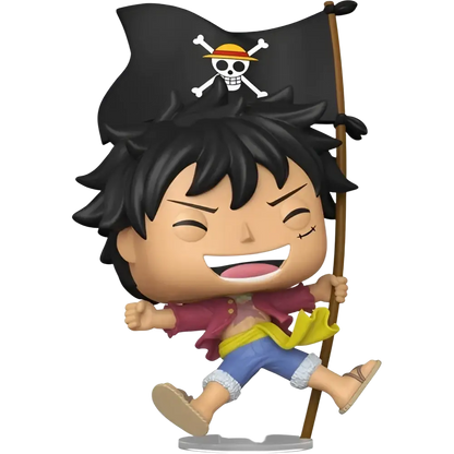 Funko pop one piece monkey d luffy figurine with black hair red jacket and straw hat holding pirate flag for piece live action