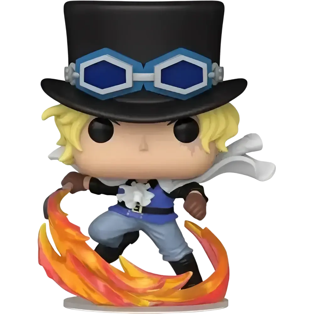 Funko pop one piece sabo action figure with black top hat, blue goggles, gold gloves, blue vest, and white scarf toy