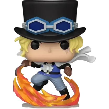 Funko pop one piece sabo action figure with black top hat, blue goggles, gold gloves, blue vest, and white scarf toy