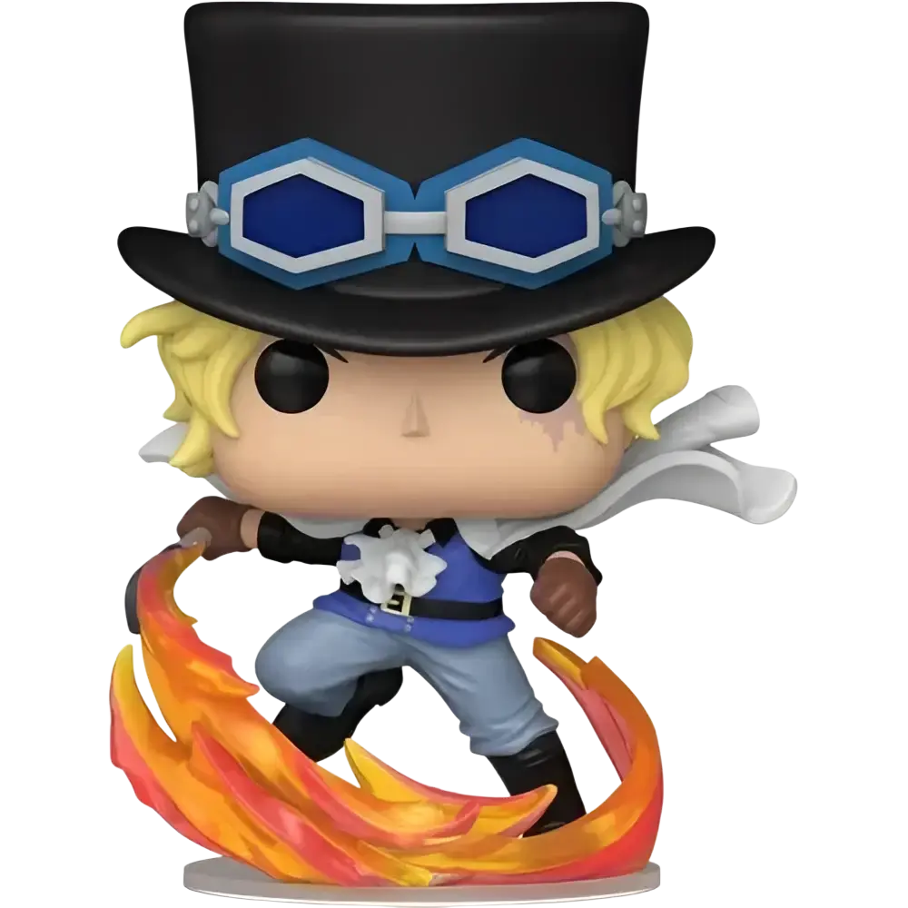 Funko pop action figure of sabo wearing black top hat with blue goggles, blue vest, black and gold gloves, and white scarf