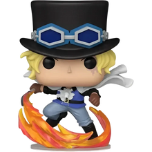 Funko pop action figure of sabo wearing black top hat with blue goggles, blue vest, black and gold gloves, and white scarf