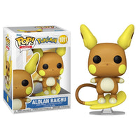A brown and yellow alolan raichu funko pop! Vinyl figure with large black eyes, yellow cheeks, ears, and tail tip standing on a clear base.