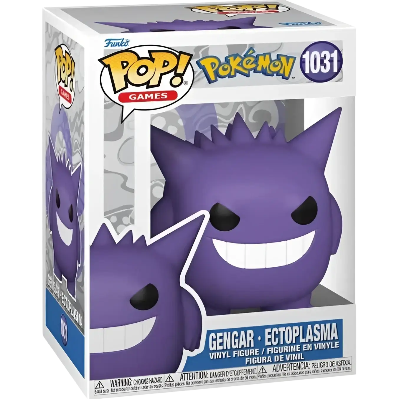 Funko Pop pokemon gengar purple vinyl figure with black eyes and white teeth in collectible Funko Pop box