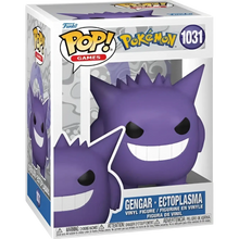 Funko Pop pokemon gengar purple vinyl figure with black eyes and white teeth in collectible Funko Pop box