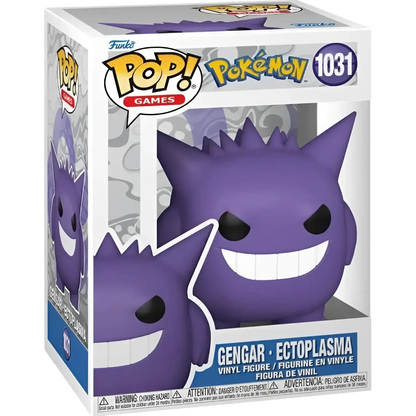 Funko Pop pokemon gengar purple vinyl figure with black eyes and white teeth in collectible Funko Pop box