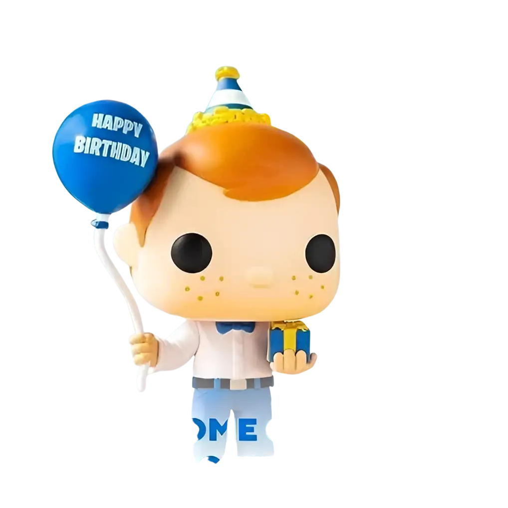 Funko pop pokemon gengar vinyl figure of boy with orange hair holding blue happy birthday balloon and gift box