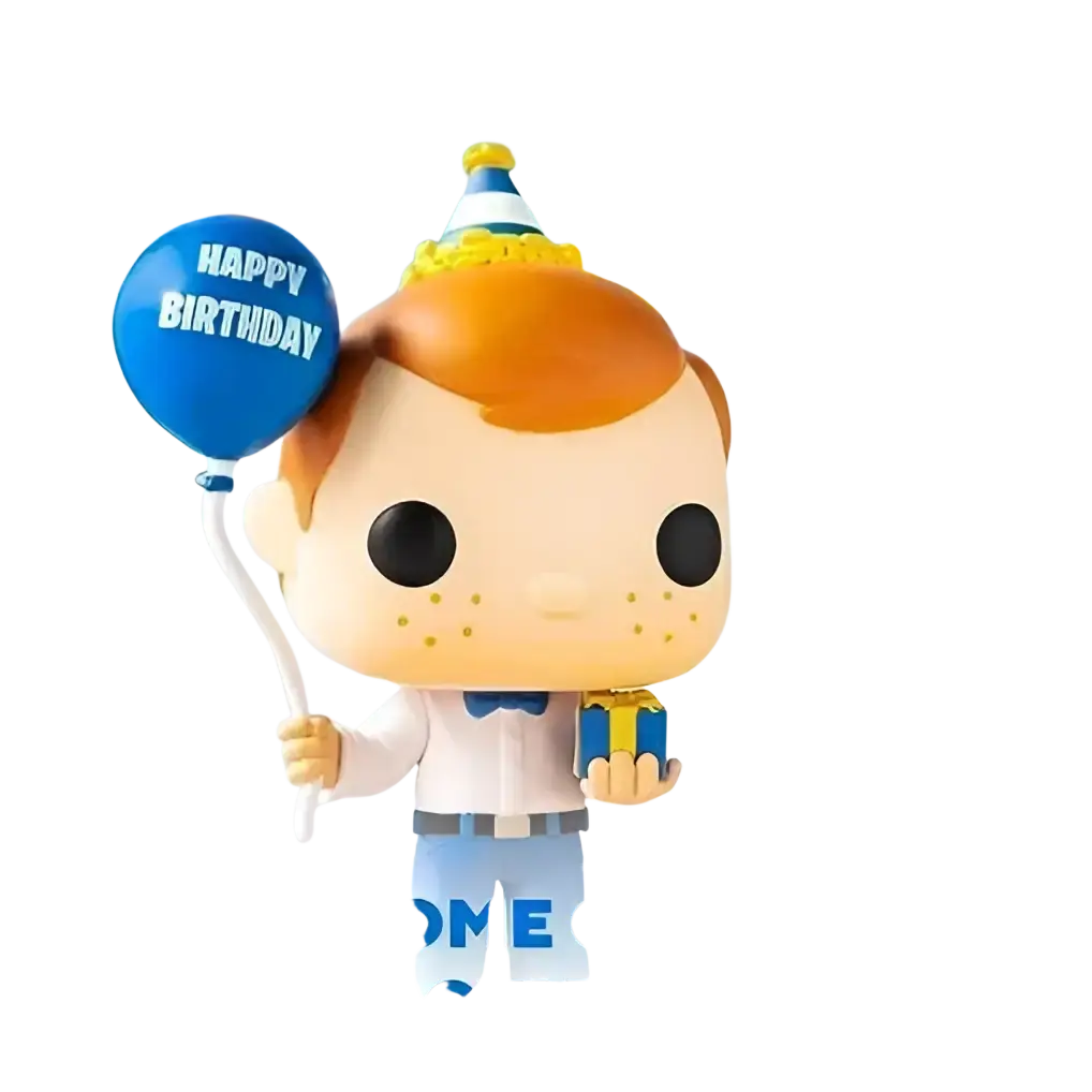 Funko pop pokemon gengar vinyl figure of boy with orange hair holding blue happy birthday balloon and gift box