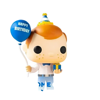 Funko pop pokemon gengar vinyl figure of boy with orange hair holding blue happy birthday balloon and gift box
