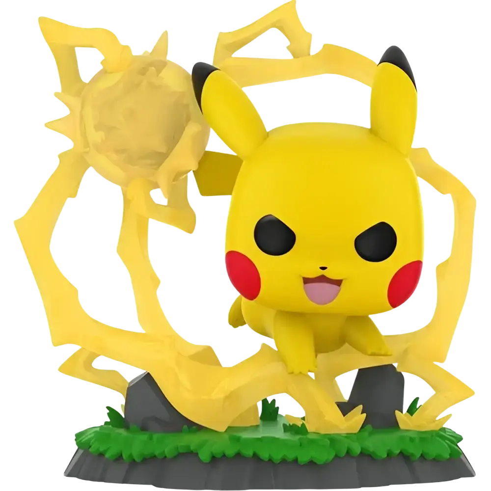 Funko pop pokemon pikachu figurine number 1127 posed with glowing yellow lightning on green grassy base