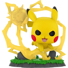 Funko pop pokemon pikachu figurine number 1127 posed with glowing yellow lightning on green grassy base