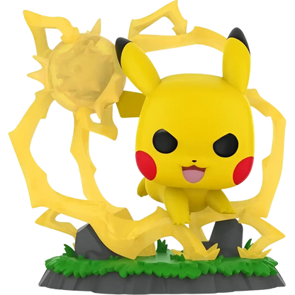 Funko pop pokemon pikachu figurine number 1127 posed with glowing yellow lightning on green grassy base